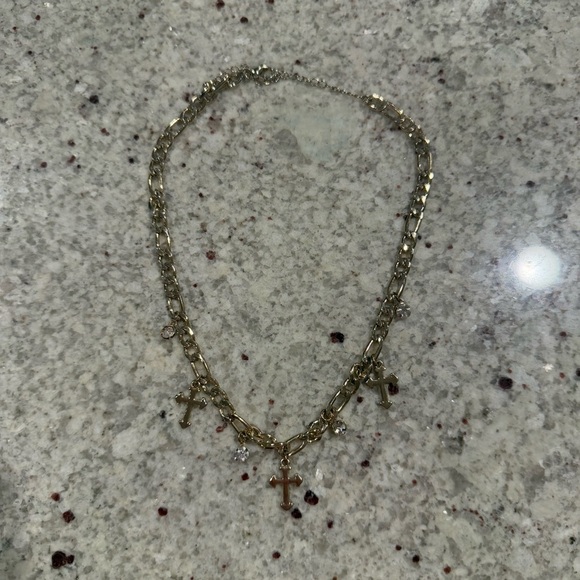 Gold Triple Cross with Rhinestone Chain Link Necklace - Picture 1 of 4